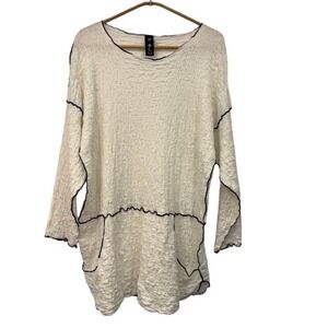 Noblu Textured Knit‎ Oversized Tunic Top Cream Black Trim Long Sleeve Womens XS